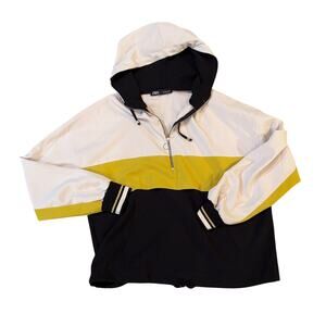 Zara Women’s Black and Cream 3/4 Zip Up Pullover Top with Hood size M